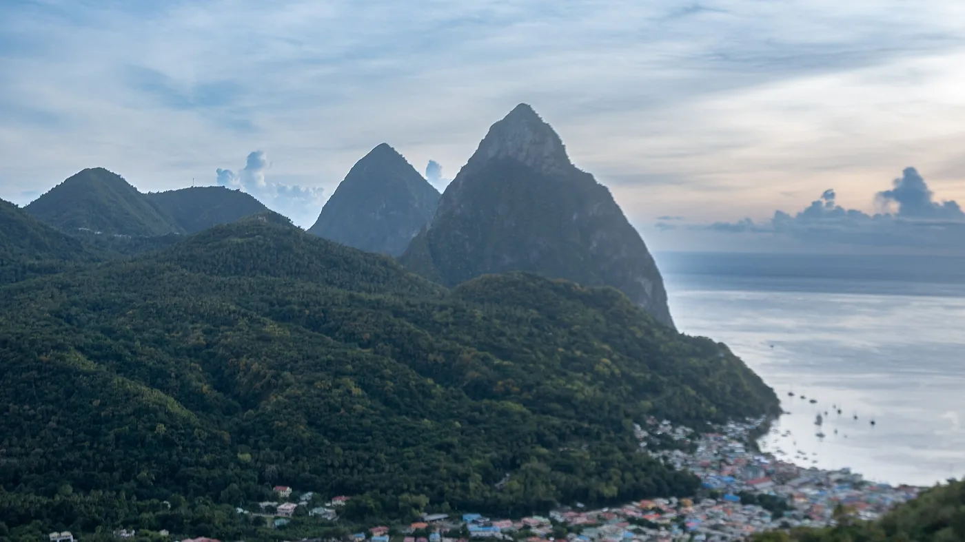 Gros Piton and Petit Piton rising from the sea at Soufrière, Saint Lucia
