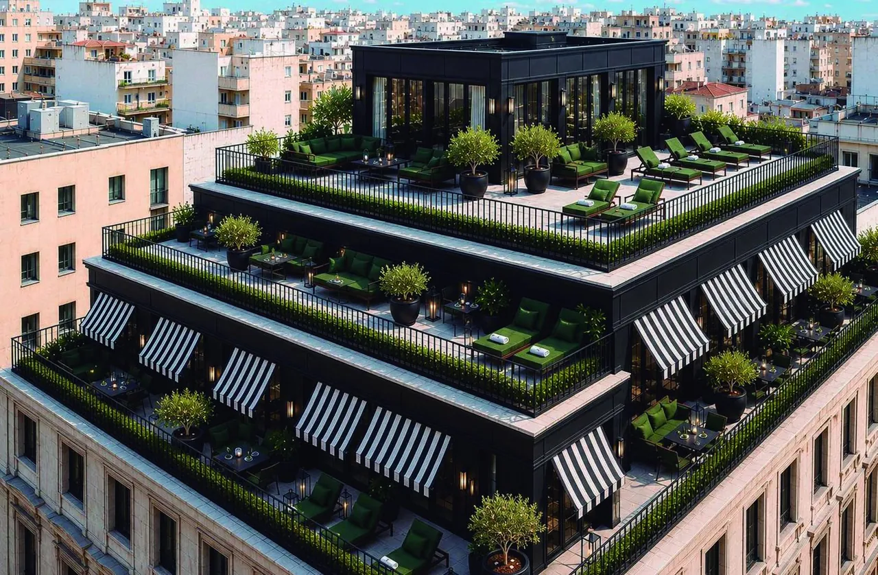 Developer render of the terraced rooftop of Athena Arts House hotel in Athens