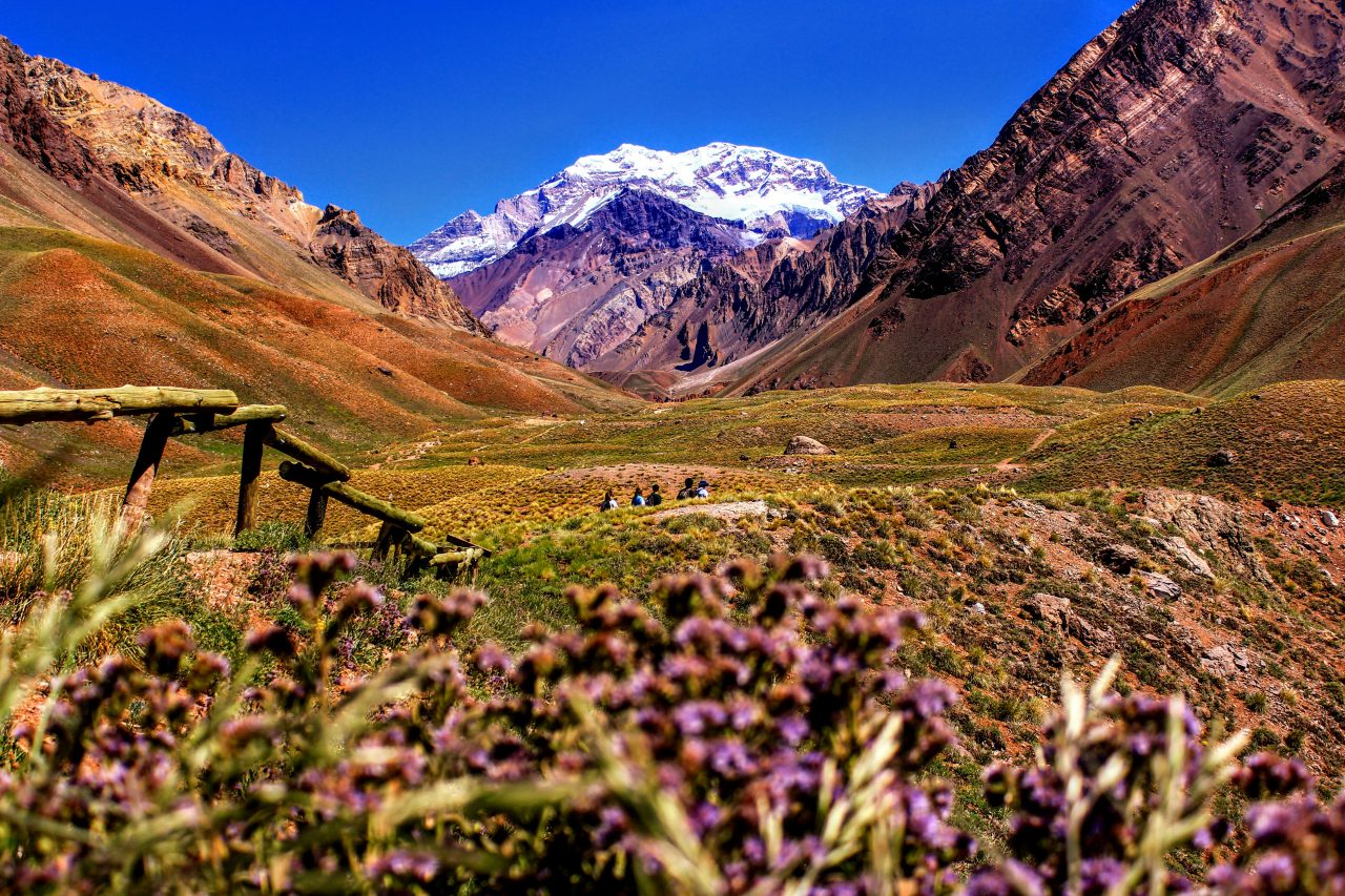 The Andes above Mendoza, with Aconcagua under snow at the head of the valley